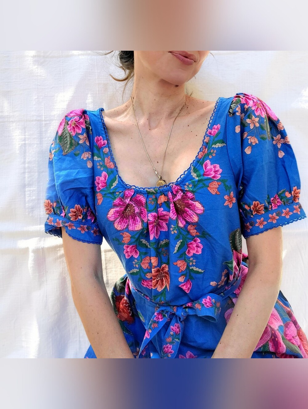 NWT Farm Rio Linen Blue Floral Belted Dress Size XS - Picture 3 of 7